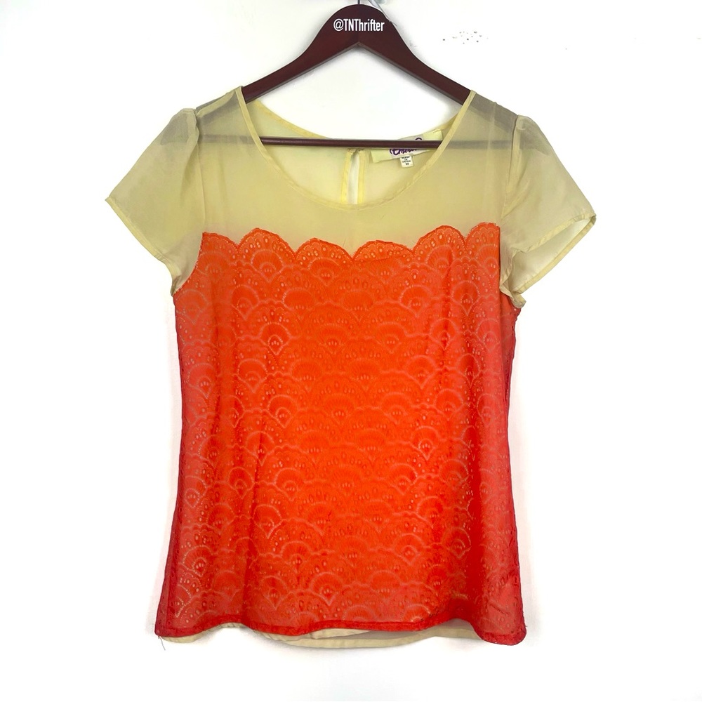 Emmelee Womens Vintage Scallop Lace Overlay Blouse Orange Cream Sz M Cottagecore